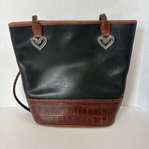 Brighton Black‎ & Brown Croc Embossed Shoulder Bag Bucket Handbag Leather 90’s